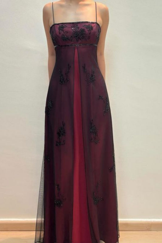 NiceVestidos - Robe de soirée longue style vintage élégant, bordeaux, dégradé, tulle, broderie perlée noire, bretelles spaghetti, NV5806