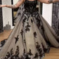 Dunkelgrau-schwarzes Spitzenkleid mit Farbverlauf | Glitzerndes Tüll-Abendkleid mit Schleppe, trägerlos/mit Spaghettiträgern, atemberaubendes Abendkleid NV6323