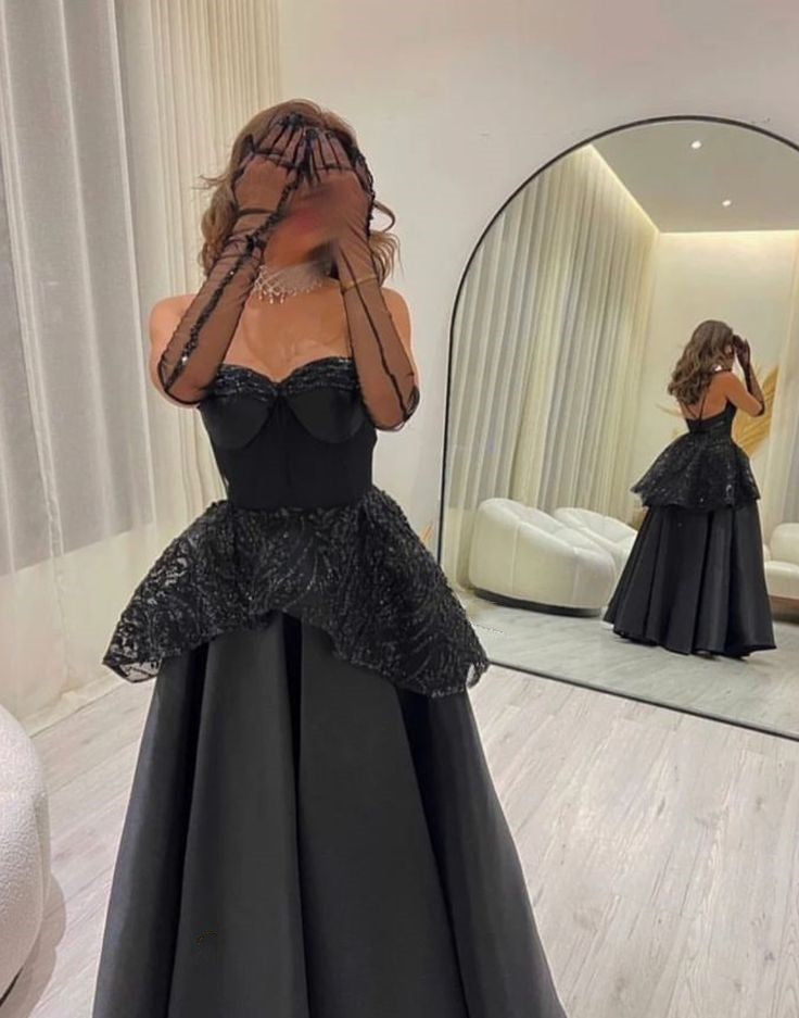 Black sweetheart neckline shiny sequins long tulle elegant ball gown evening dress with gloves nv3182