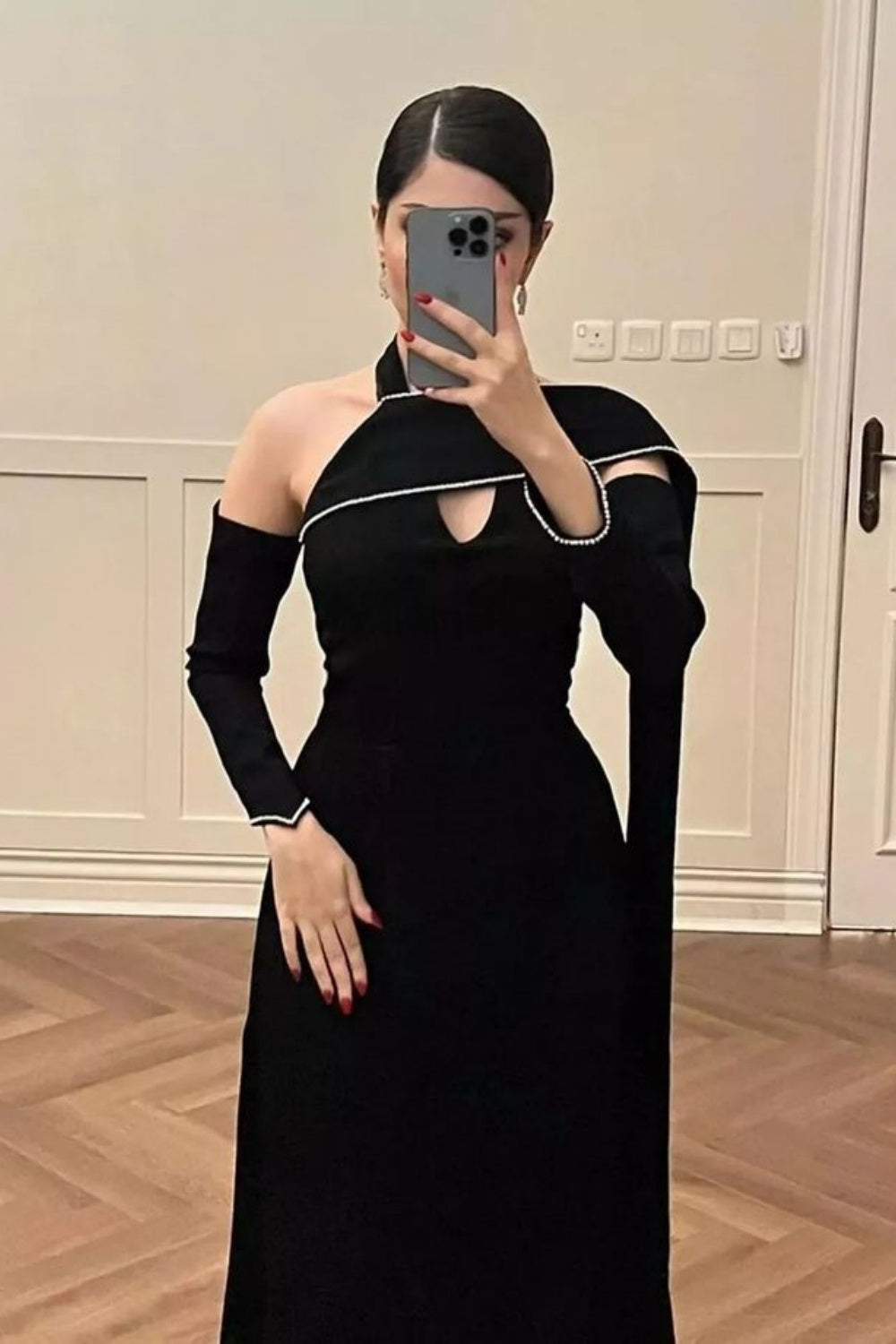 Black elegant long sleeve ribbon long satin ball gown evening dress nv3153