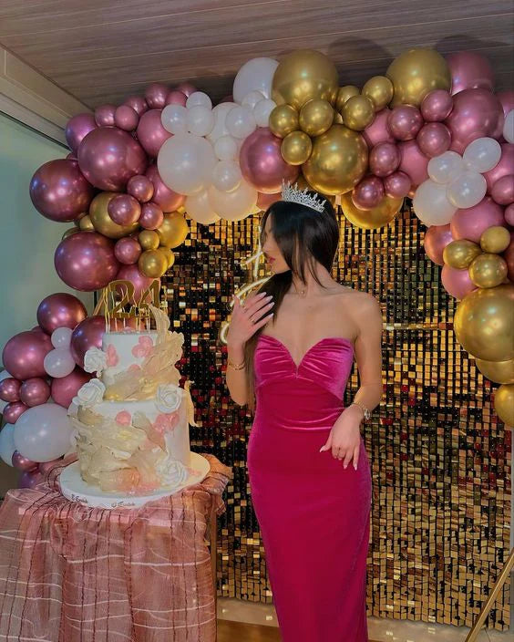 Hot Pink Einfaches elegantes langes Samt-Partykleid Geburtstagskleid Ballkleid Abendkleid nv1996