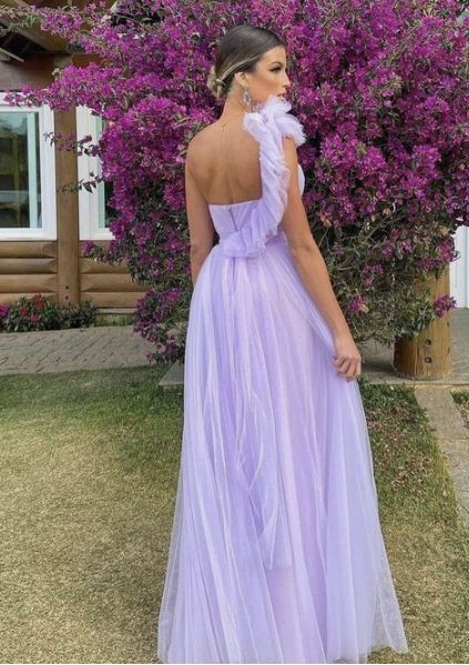 Robe de soirée longue en tulle violet clair, coupe trapèze, longueur au sol, robe de demoiselle d'honneur, nv11