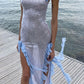 Silver Sequin Sexy Elegant Slim Fit Long Side Slit Blue Flower See-through Evening Dress Ball Gown nv2657