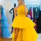 Yellow tulle layered fashion unique maxi dress long ball gown evening dress nv2669