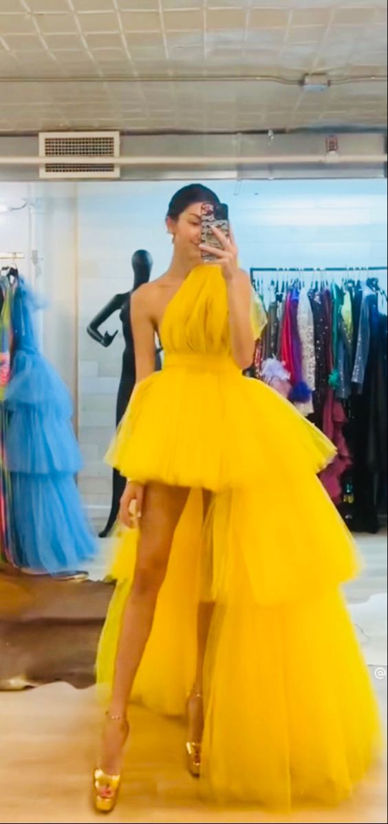 Yellow tulle layered fashion unique maxi dress long ball gown evening dress nv2669