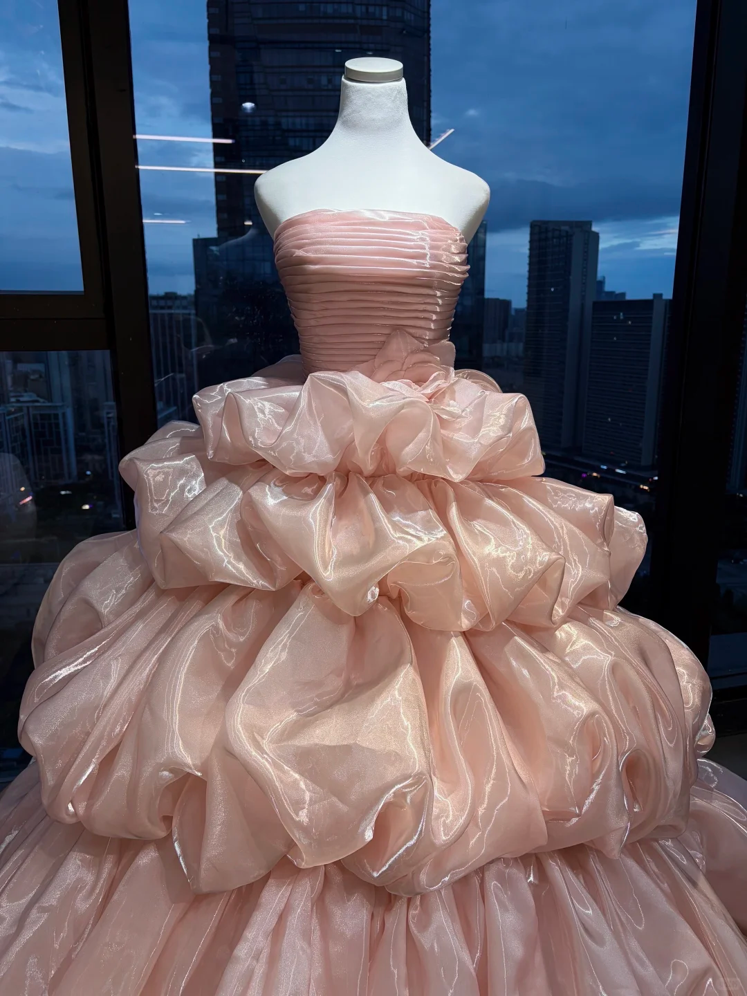 Strapless Blush Pink Ball Gown Pleated Bodice Tiered Bubble Shiny Organza Prom Dress  NV7034