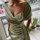 Robe de soirée longue plissée en satin à épaules dénudées et col en V nv1755