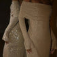 Champagner-gold/graues, mit Pailletten besetztes, langes, schulterfreies Ballkleid mit langen Ärmeln, Partykleid NV5295