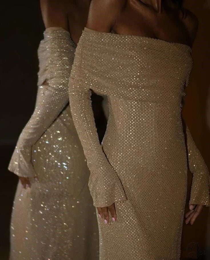 Champagner-gold/graues, mit Pailletten besetztes, langes, schulterfreies Ballkleid mit langen Ärmeln, Partykleid NV5295
