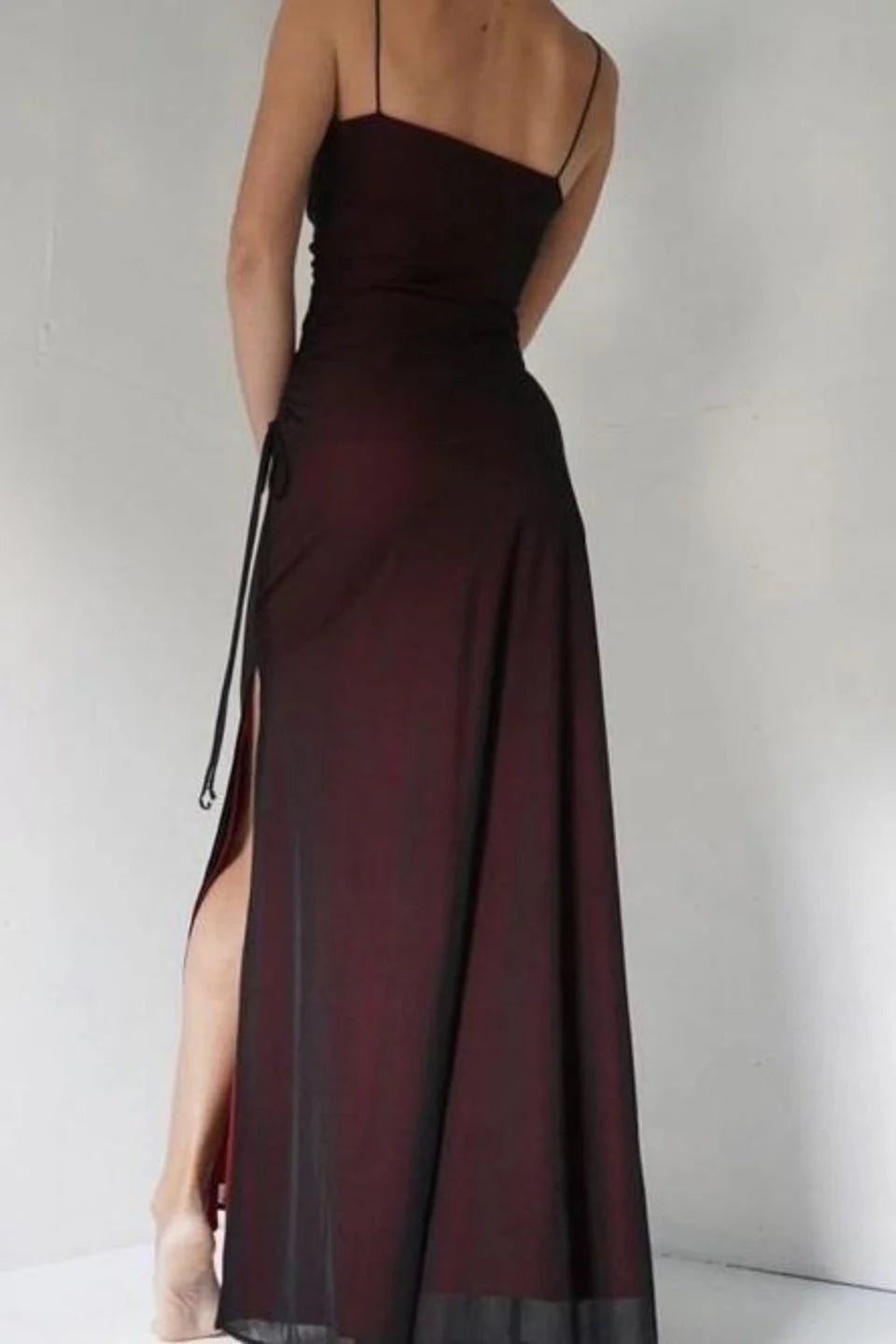 Robe de soirée élégante et moulante à bretelles spaghetti, style vintage bordeaux, longue, en tulle et satin, tenue de bal, robe de soirée, robe de bal, nv3929