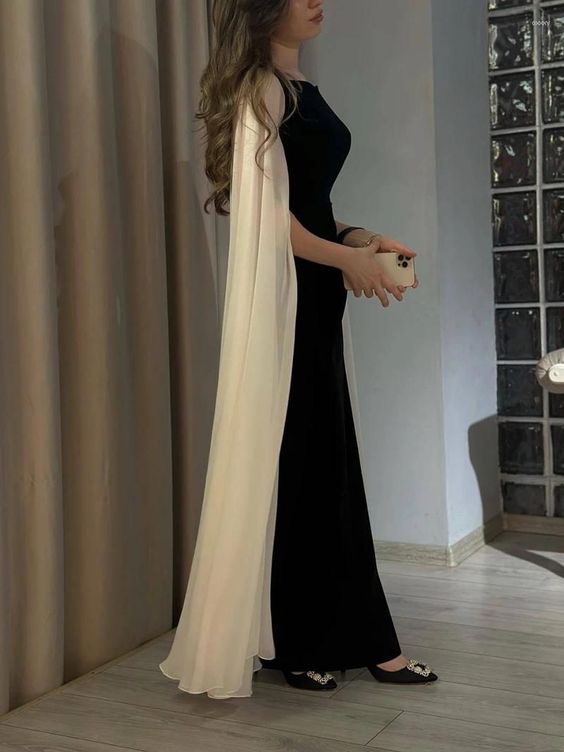 Black and white simple elegant white long tulle sleeves long ball gown evening dress party dress nv2439