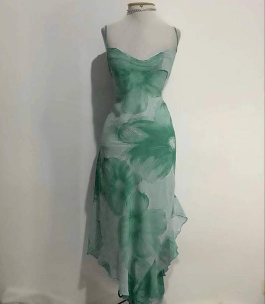NiceVestidos – Blau/Grün geblümtes, kurzes Chiffon-Heimkehrkleid NV5684