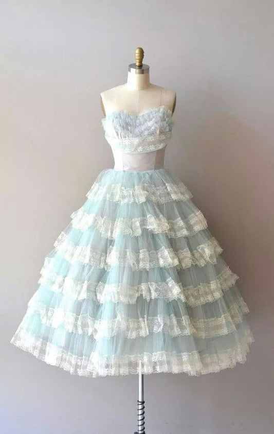 NiceVestidos - Blaues süßes mehrlagiges Prinzessinnen-Ballkleid aus mittellangem Chiffon, Heimkehrkleid, nv5562