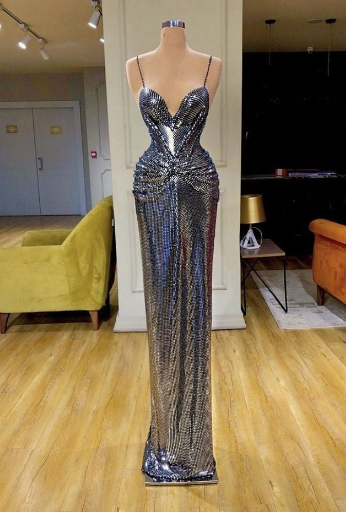 Robe de soirée sirène élégante et brillante, argentée, moulante, longue, en satin, longueur au sol, robe de bal, robe de soirée, nv5112