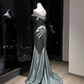 Dusty Teal Strapless Satin Mermaid Evening Dress, Draped Neck Corset Gown with Twist Waist Detail  NV7093