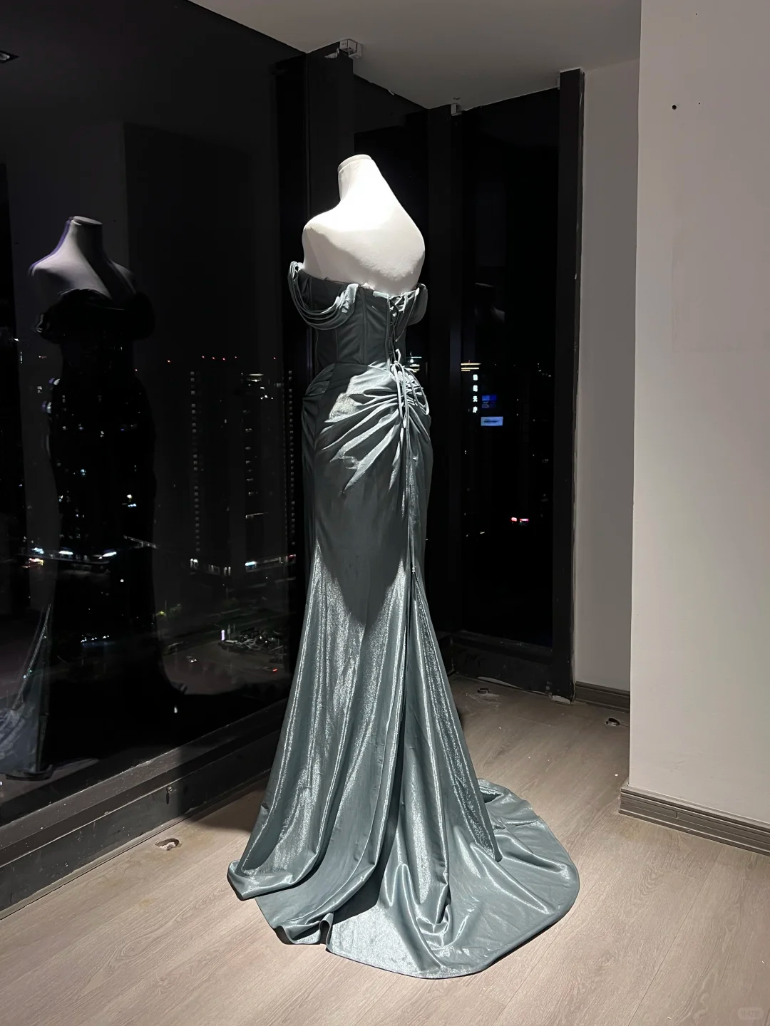 Dusty Teal Strapless Satin Mermaid Evening Dress, Draped Neck Corset Gown with Twist Waist Detail  NV7093