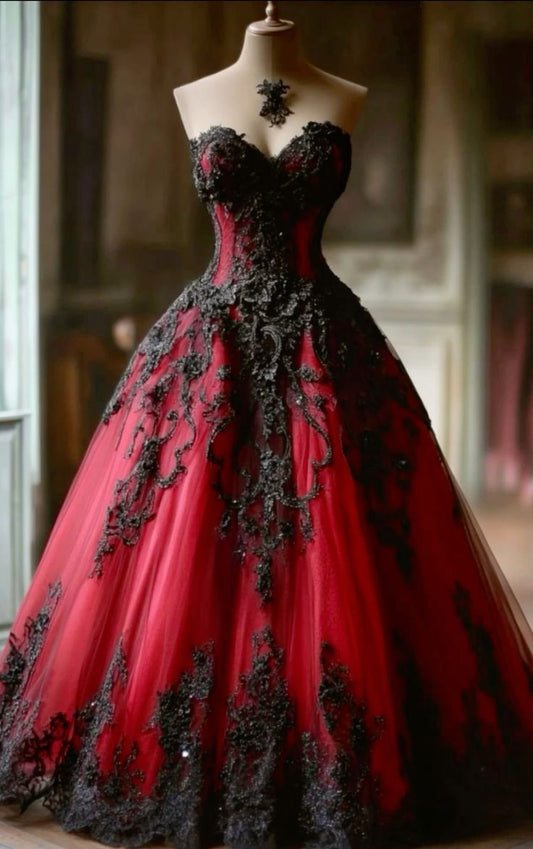 NiceVestidos-_Burgundy And Black Delicate Lace Long Tulle Vintage Ball Gown NV6057