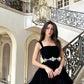 Schwarzes trägerloses Homecoming-Kleid aus Samt, kurzes Mini-Partykleid mit Applikationen, nv2996