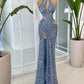 Robe de soirée longue bleu clair, perlée, brillante, magnifique, sexy, élégante, style sirène, fendue, robe de bal, robe de soirée nv5108
