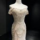 Champagne Off Shoulder Mermaid Dress Short Sleeve Hand Beaded Long Train Formal Prom Gown  NV6946