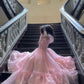 Pink Puff Sleeve Tulle Long Ball Gown Evening Dress Party Dress nv2702