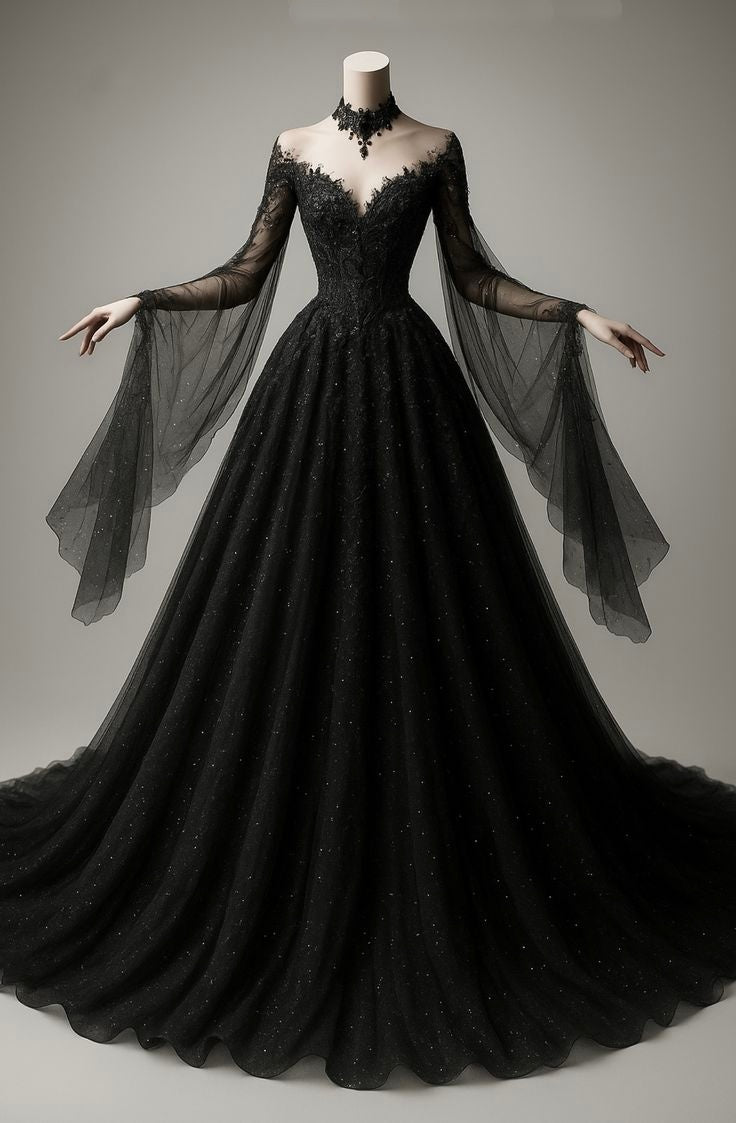 Schwarzes, schimmerndes langes Brautkleid, bodenlang, NV6701
