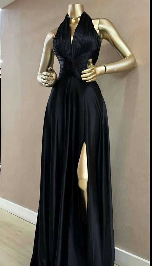 Luxury Sexy Style Halter Neck Sleeveless Gown | Black Satin Pleated Slit Maxi Dress for Gala Red Carpet High-End Party Business Social Event NV6269