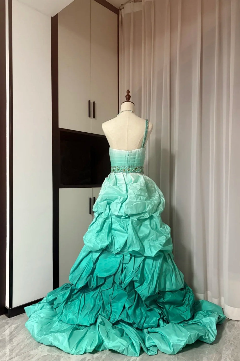 Mint Green Ombre One-Shoulder Ruffled Trailing Formal Dress Mermaid Style Rhinestone Belt Evening Gown   NV6866