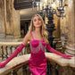 Barbie Pink Fashion Einzigartiges schmales kurzes Mini-Ballkleid, Abendkleid, Homecoming-Kleid, Partykleid mit Kette und Handschuhen, nv2355
