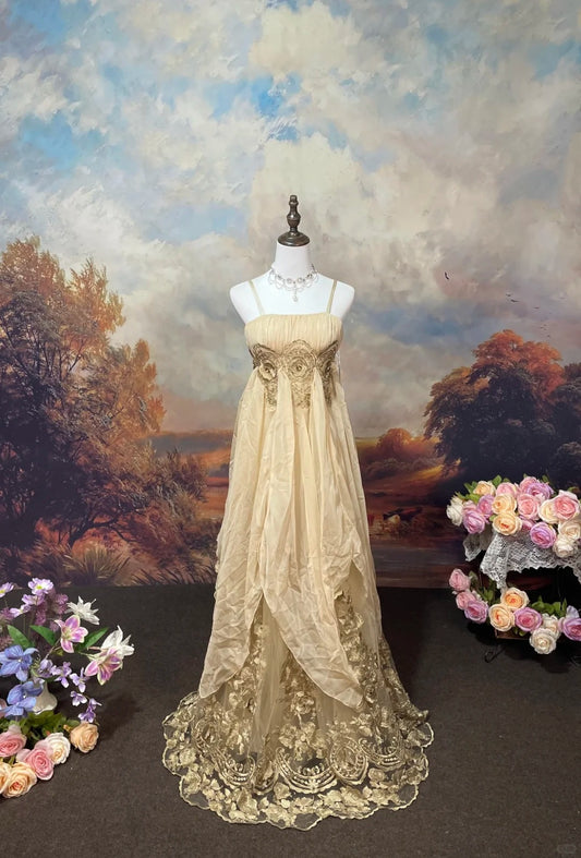 Champagnerbraun Vintage Elegant Retro Mode Romantisch Exquisite Spitze Bodenlang Tüll Ballkleid Abendkleid Ballkleid nv4078