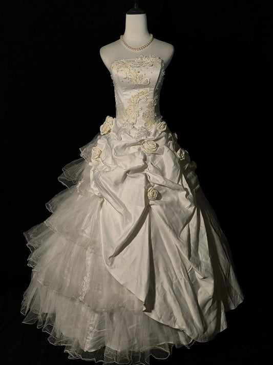 Ivory White Gorgeous 3D Rose Applique Long chiffon Satin Floor Length Ball Gown Evening Gown Wedding Dress nv4036