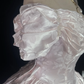 Off Shoulder Pale Pink Vintage Tea Length Prom Dress Jacquard Satin Puff Sleeve Floral Pattern A-Line Formal Gown  NV6900