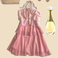 Robe de soirée trapèze rose à bretelles multicouches, courte et élégante, en mousseline de soie, pour anniversaire, nv3905