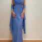 Robe de soirée longue en mousseline de soie, élégante et bleue, à bretelles spaghetti, avec ruban de même style, nv3713