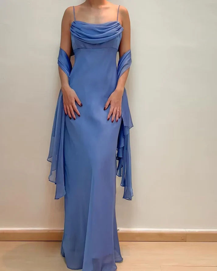 Robe de soirée longue en mousseline de soie, élégante et bleue, à bretelles spaghetti, avec ruban de même style, nv3713