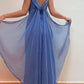 Robe de soirée longue en mousseline de soie, élégante et bleue, à bretelles spaghetti, avec ruban de même style, nv3713