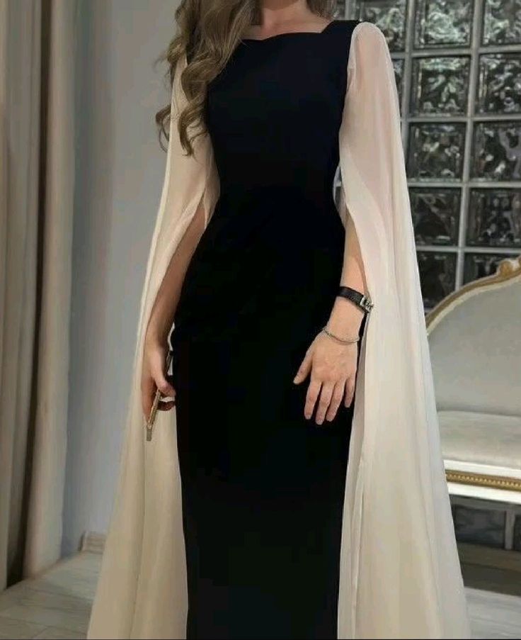 Black and white simple elegant white long tulle sleeves long ball gown evening dress party dress nv2439