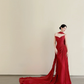 Red Chiffon Strapless Mermaid Evening Gown Pleated With Long Flowing Train  NV7172