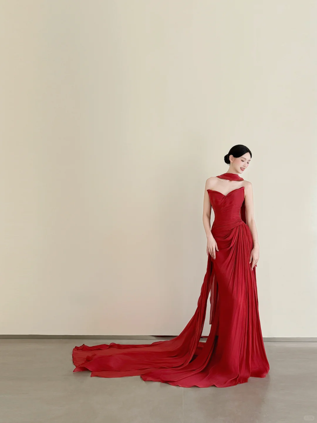 Red Chiffon Strapless Mermaid Evening Gown Pleated With Long Flowing Train  NV7172