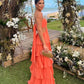 Orange trägerloses, gestuftes A-Linien-Abendkleid, langes Ballkleid, Partykleid, nv2207