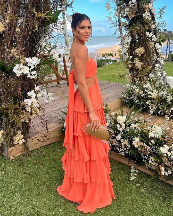 Orange trägerloses, gestuftes A-Linien-Abendkleid, langes Ballkleid, Partykleid, nv2207