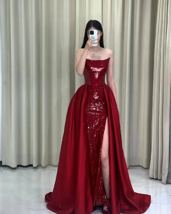 Red Mermaid Off-the-shoulder Sequined A-line Long Slit Ball Gown Evening Gown Party Dress nv2515