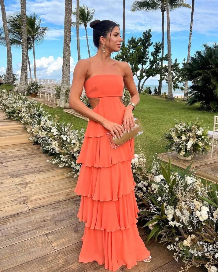 Orange trägerloses, gestuftes A-Linien-Abendkleid, langes Ballkleid, Partykleid, nv2207