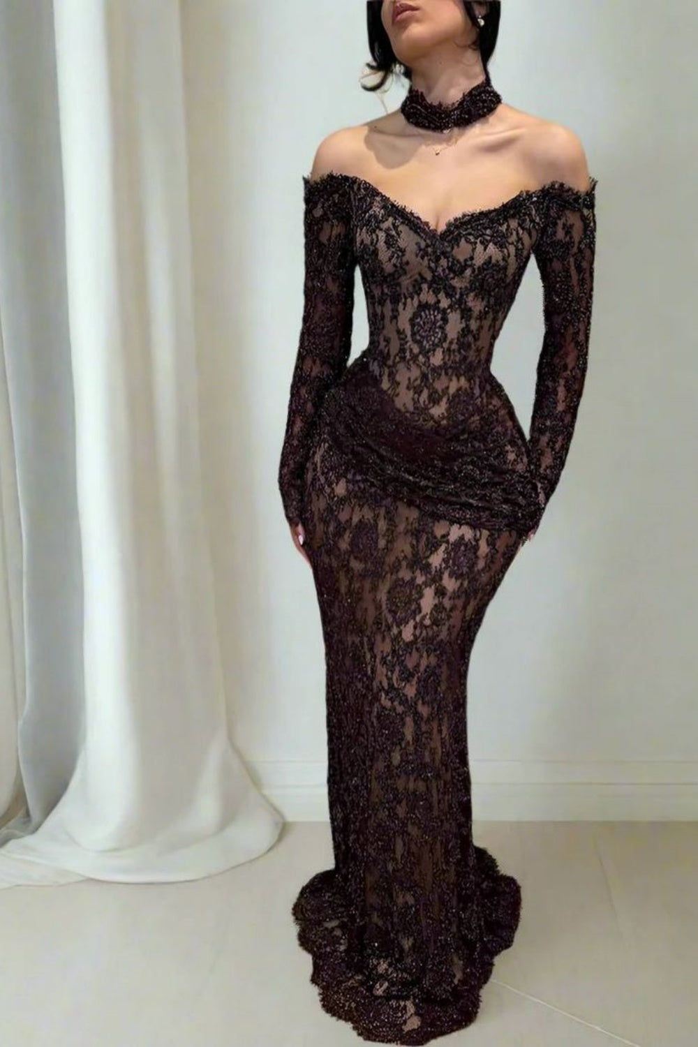 Neues, modisches Spitzenkleid für reife Damen, sexy Kleid, langärmeliges Kleid, formelles Kleid NV6342