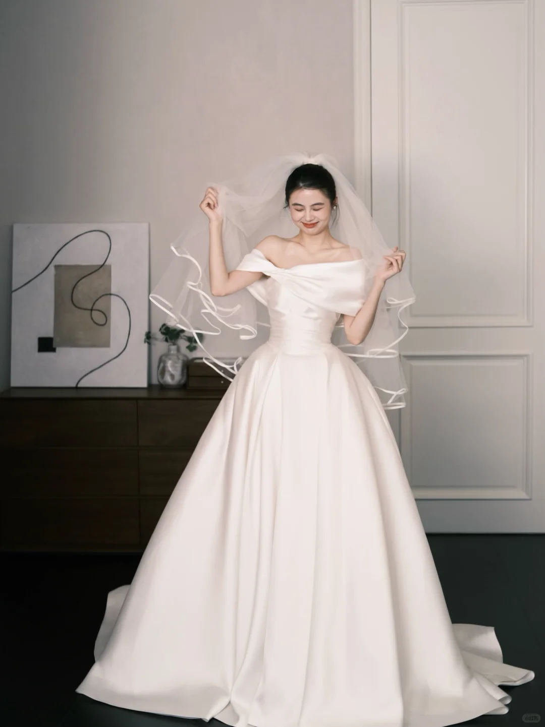Off Shoulder Twist Ruched Satin Wedding Dress with Long Train  NV7376