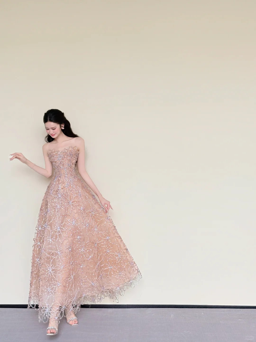 Nude Pink Strapless Spark Rhinestone Floral Midi Gown  NV7431