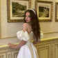 White off-the-shoulder stylish elegant puff sleeves long ball gown evening dress nv3047