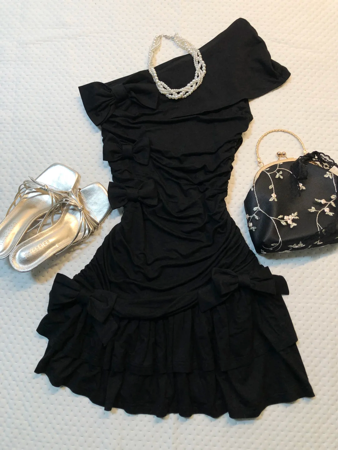 Black One Shoulder Short Homecoming Dress Ruffle Hem 3D Bow Ruched Bodycon Vintage Cocktail Gown  NV6912