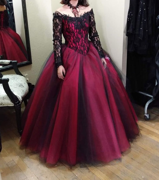 Red gorgeous vintage exquisite lace long tulle ball gown evening dress nv3373