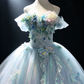 Light Lake Blue Off Shoulder Corset Ball Gown 3D Flower Iridescent Tulle Fairy Prom Dress  NV6937